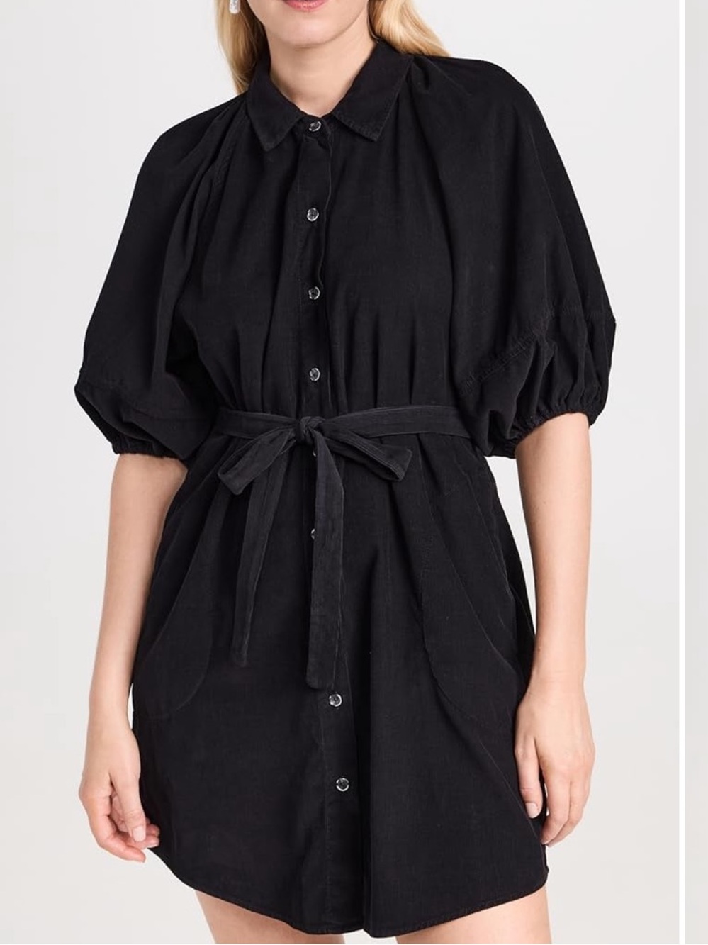 Velvet Black Puff-Sleeve Tie-Waist Mini Dress